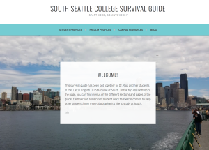A screenshot of the homepage of the South Seattle College Survival Guide created by students in the Tier tracks. There is a background image of the Seattle Sound, taken while on the ferry that travels from Bainbridge to Seattle.